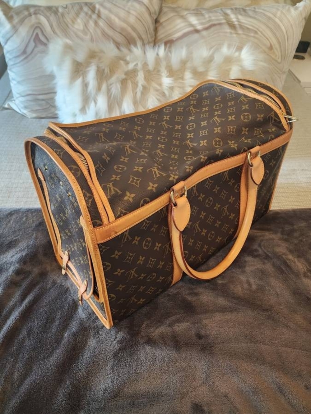 Louis Vuitton Brown Monogram Pet Carrier with Tan Trim